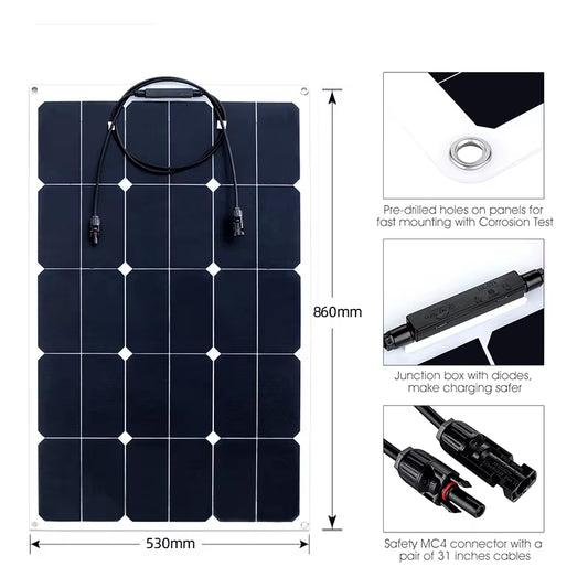 90W Sunpower Flexible Solar Panel High Efficiency Thin Film for Camping Outdoor RV VAN Boats or Roof