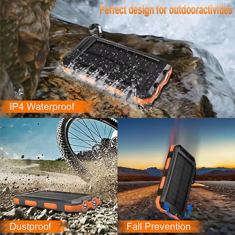 Solar Mobile Power Bank with LED Flashlight Compass for Mobile Digital Electronic Devices Travel Outdoor Camping Power