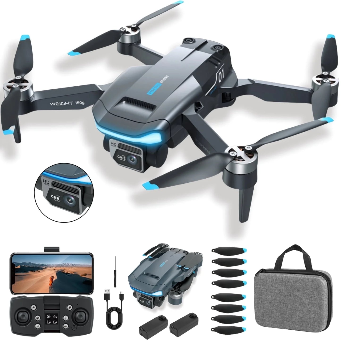 GPS Drones with Camera for Adults, F194 1080HD Foldable Lightweigh Drones Quadcopter for Beginner and Adults, Follow Me, 2 Battery.