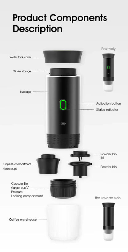 Wireless Electric Portable Espresso Coffee Machine – 3-in-1 for Car, Home & Camping
