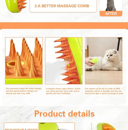 3-in-1 Electric Pet Grooming Steam Brush – Massage, Shedding & Spraying Tool