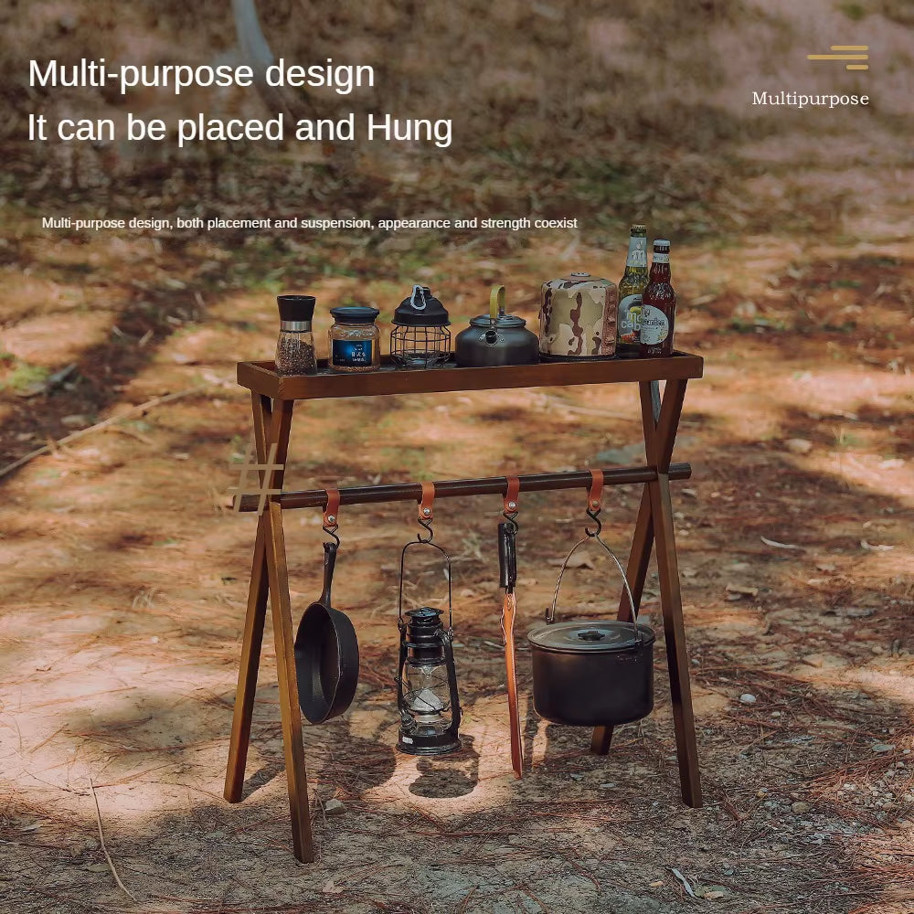 Outdoor Storage Rack for Hanging Clothes Camping Equipment Flower Racks Solid Wood Double-Layer Detachable Tripod Storage Rack