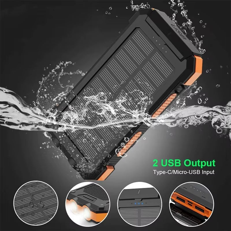 Solar Mobile Power Bank with LED Flashlight Compass for Mobile Digital Electronic Devices Travel Outdoor Camping Power
