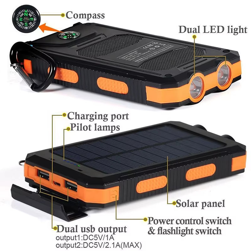 Solar Mobile Power Bank with LED Flashlight Compass for Mobile Digital Electronic Devices Travel Outdoor Camping Power