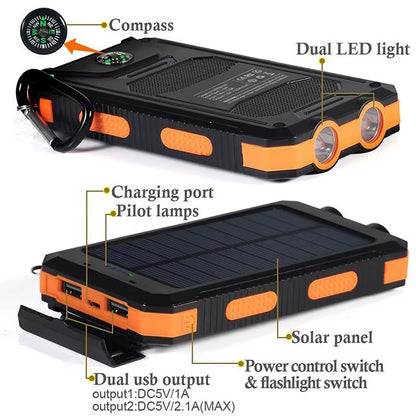 Solar Mobile Power Bank with LED Flashlight Compass for Mobile Digital Electronic Devices Travel Outdoor Camping Power