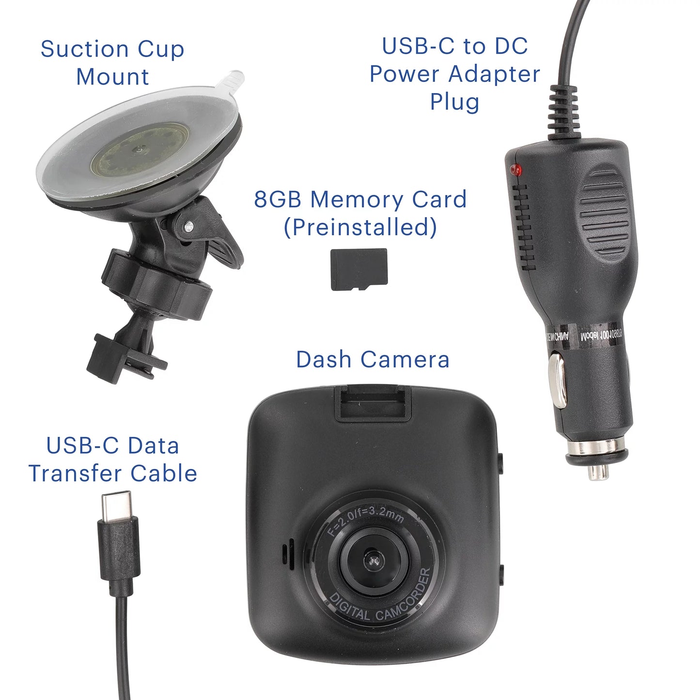 1080P HD Black Car Dash Cam, 2.4" LCD Screen, 110 Degree Vision Angle, Play Video Recordings, 0.5 Lb.