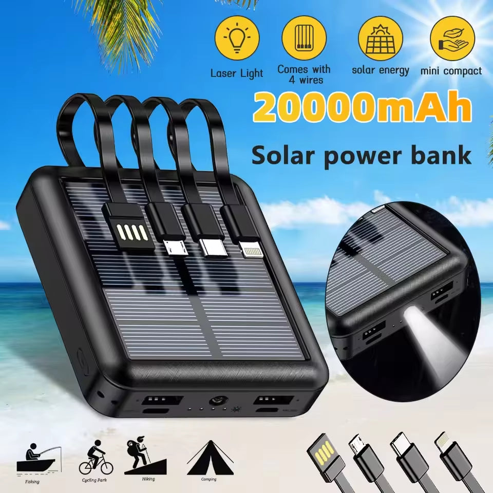 20000Mah Solar Power Bank for Iphone 12 Huawei Xiaomi Mini Powerbank with Cable Portable Charger External Battery Pack Poverbank