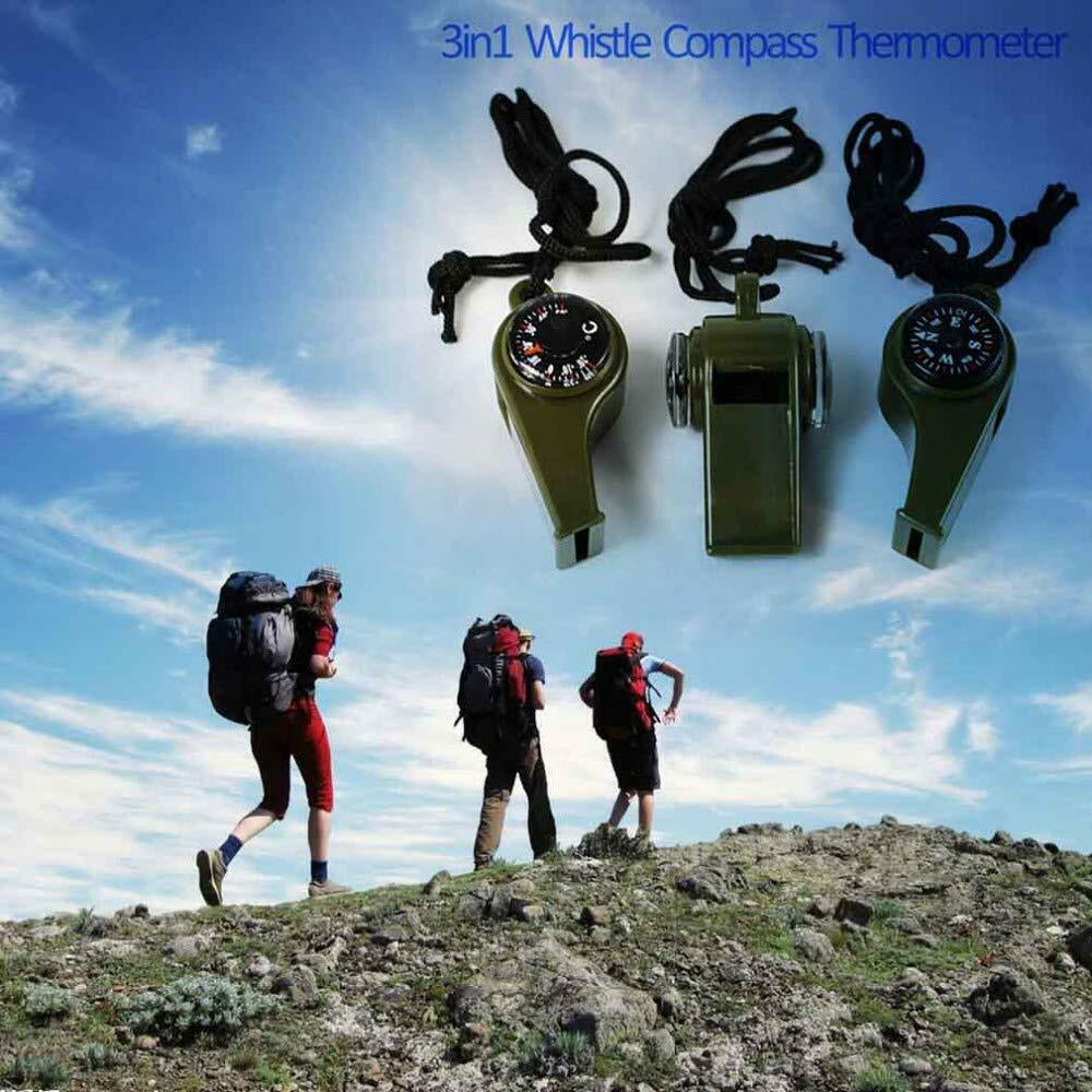 3-In-1 Emergency Survival Gear -Whistle, Compass, Thermometer for Camping Hiking